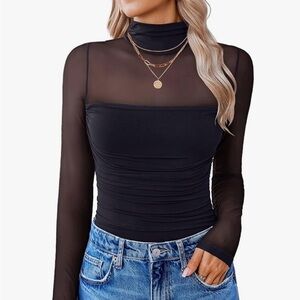 NWT Women Long Sleeve shirt Turtle Neck Shapewear Mesh top Sz -M non bodysuit